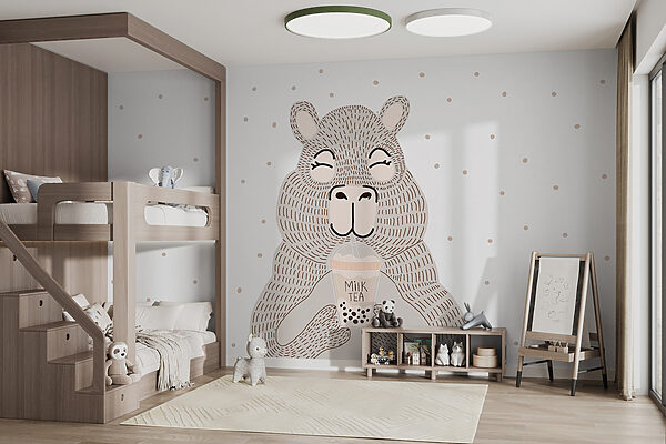Cartoon of a bear holding a bubble tea Wall murals Cartoon of a bear holding a bubble tea