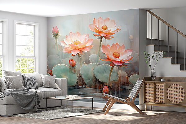 Group of pink flowers with green leaves Wall murals Group of pink flowers with green leaves