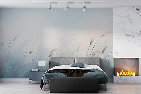 Field of grass with a foggy sky Wall murals Field of grass with a foggy sky
