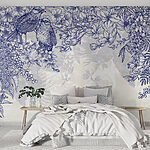 Wall murals Blue and white drawing of birds and flowers