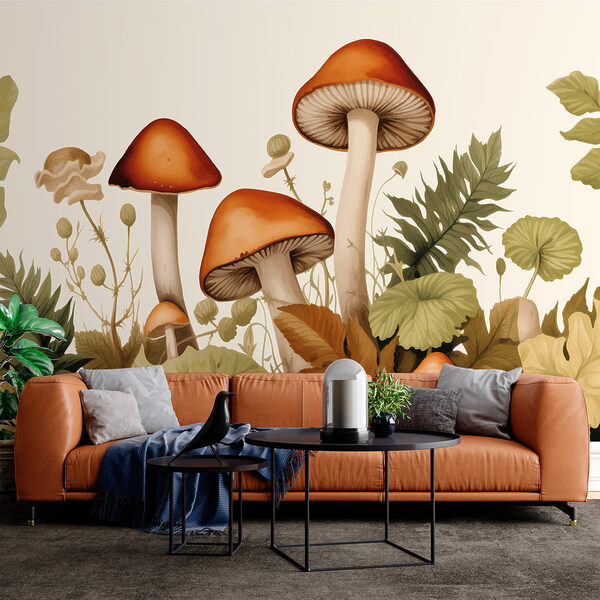 Group of mushrooms with leaves Wall murals Group of mushrooms with leaves