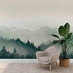 Wall murals Foggy mountain landscape with trees and mountains