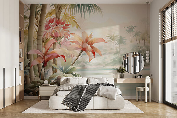 Painting of flowers and palm trees Wall murals Painting of flowers and palm trees