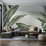 Wall mural Green leaves against a textured backdrop