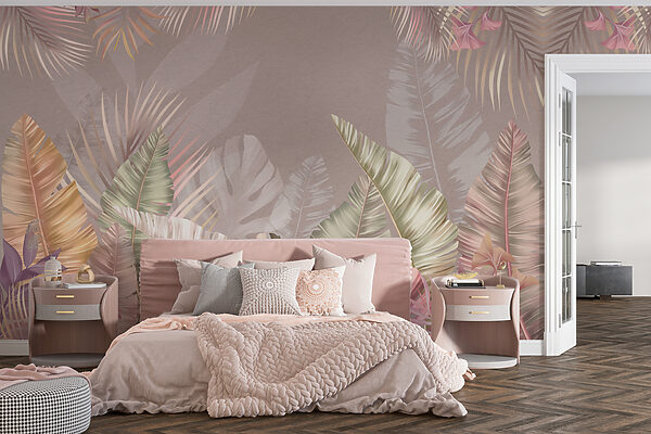 Tropical leaves in soft pastel hues Wall murals Tropical leaves in soft pastel hues