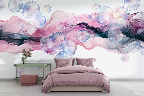Group of bubbles in a pink and purple liquid Wall murals Group of bubbles in a pink and purple liquid