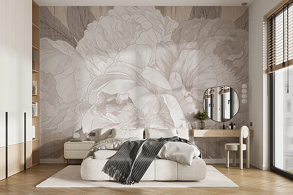 Elegant peony sketch in monochrome Wall murals Elegant peony sketch in monochrome