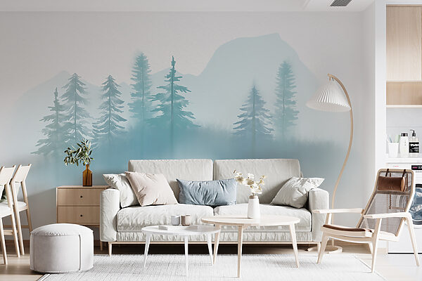 Foggy landscape with trees and mountains Wall murals Foggy landscape with trees and mountains