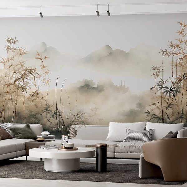 Painting of a landscape with plants and fog Wall murals Painting of a landscape with plants and fog