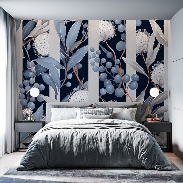 Floral pattern with blue and white flowers and leaves Wall murals Floral pattern with blue and white flowers and leaves