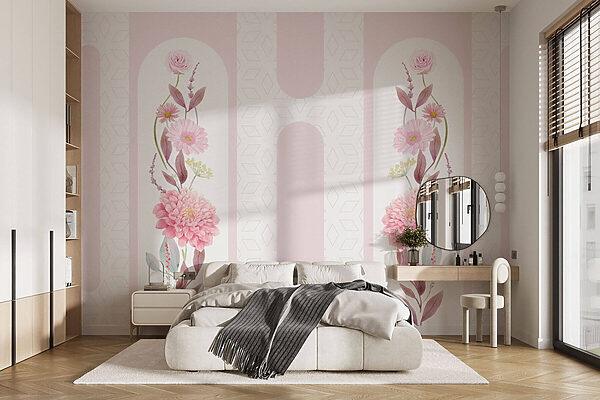 Pink flowers and leaves on a white background Wall murals Pink flowers and leaves on a white background