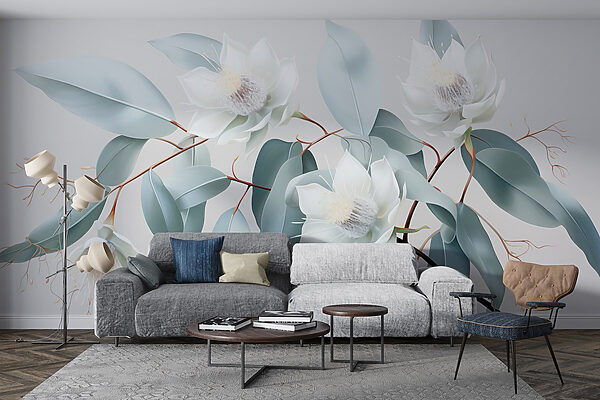 White flowers and leaves on a branch Wall murals White flowers and leaves on a branch