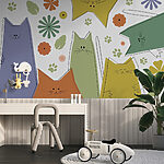 Wall murals Group of cats with flowers and leaves