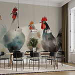 Wall murals Group of chickens with red and white feathers