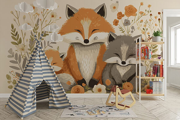 Fox and baby fox sitting in flowers Wall murals Fox and baby fox sitting in flowers