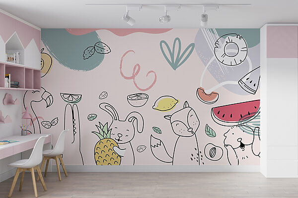 Cartoon animals holding fruits Wall murals Cartoon animals holding fruits