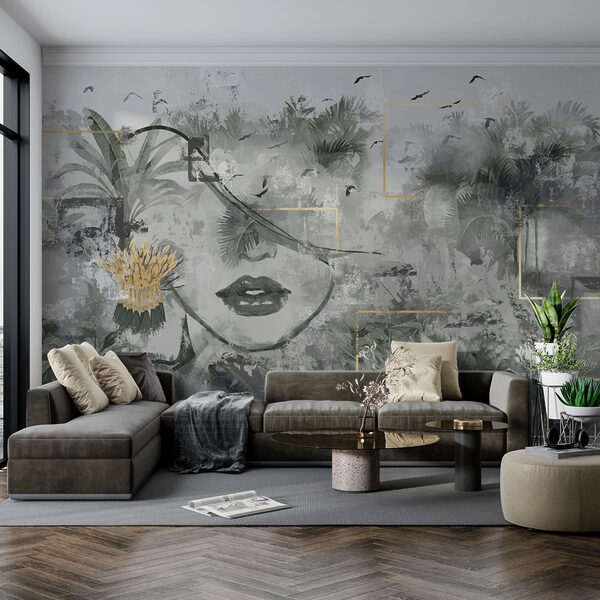 Painting of a woman’s face and plants Wall mural Painting of a woman’s face and plants