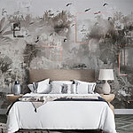 Wall murals Grey and white wallpaper with birds flying around