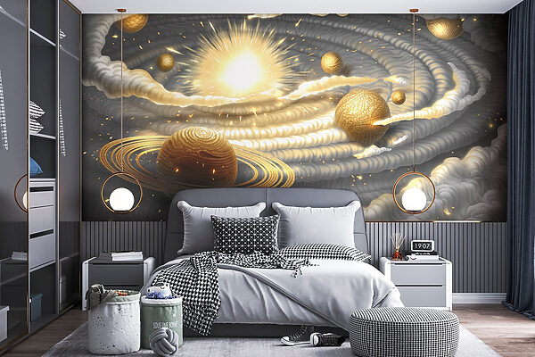 Planet with rings and stars in the sky Wall murals Planet with rings and stars in the sky