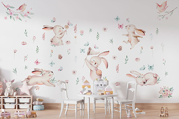 Group of rabbits with flowers and butterflies Wall murals Group of rabbits with flowers and butterflies