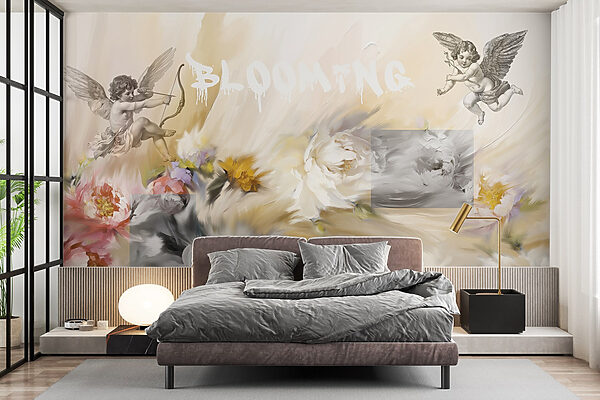 Painting of angels with a bow and arrow shooting flowers Wall murals Painting of angels with a bow and arrow shooting flowers