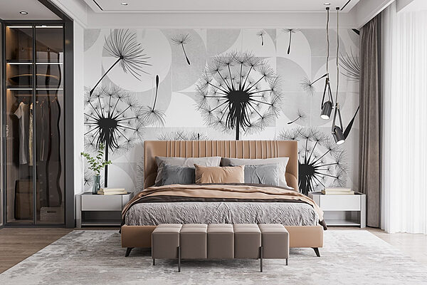 Wall murals Black dandelion seeds flying in the air (SKU: w08529) Wall murals Wall murals Black dandelion seeds flying in the air (SKU: w08529)