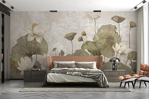 Serene lotus blooms in gentle hues Wall murals Serene lotus blooms in gentle hues