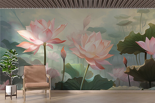 Group of pink flowers with green leaves Wall murals Group of pink flowers with green leaves