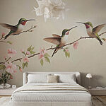 Wall murals Painting of hummingbirds on a branch with flowers