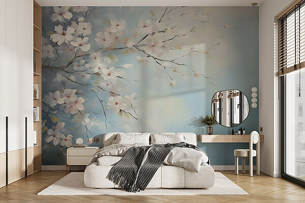 Painting of a tree branch with white flowers Wall murals Painting of a tree branch with white flowers
