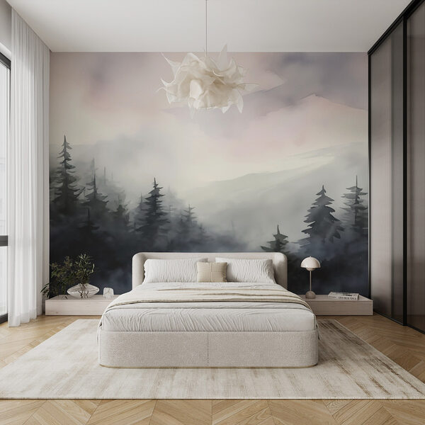 Foggy forest with trees Wall murals Foggy forest with trees