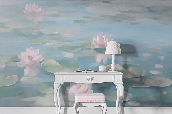 Water with lily pads and pink flowers Wall murals Water with lily pads and pink flowers