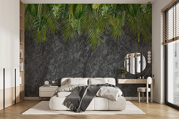Group of green leaves on a grey background Wall murals Group of green leaves on a grey background