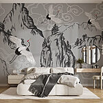 Wall murals Wallpaper with cranes and mountains