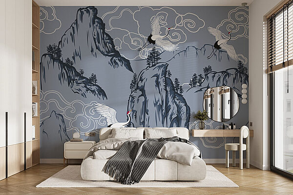 Wallpaper with birds flying over mountains Wall murals Wallpaper with birds flying over mountains