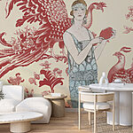 Wall murals Woman in a blue dress holding a red object