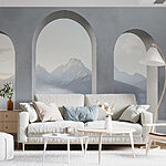 Wall murals White room with arched windows and mountains in the background