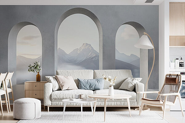 White room with arched windows and mountains in the background Wall murals White room with arched windows and mountains in the background
