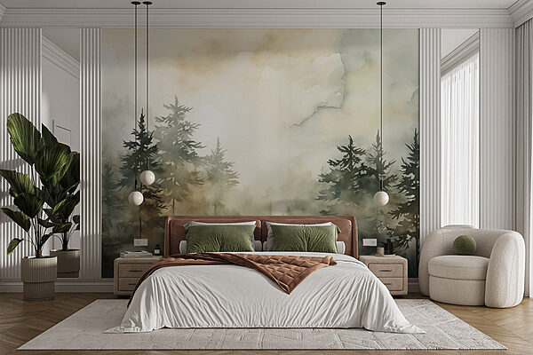 Foggy forest with trees Wall murals Foggy forest with trees