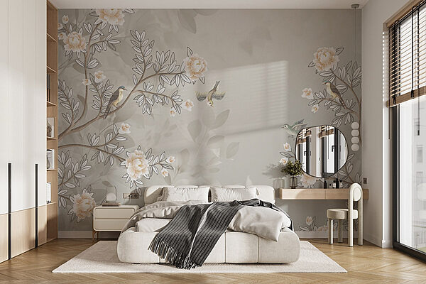 Wallpaper with birds on a tree branch Wall murals Wallpaper with birds on a tree branch