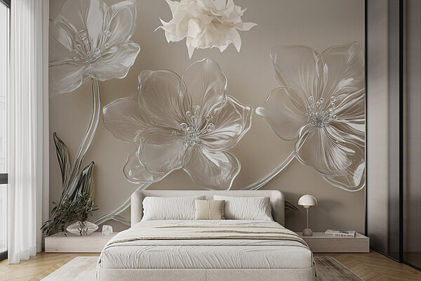 Glass flowers on a white surface Wall murals Glass flowers on a white surface