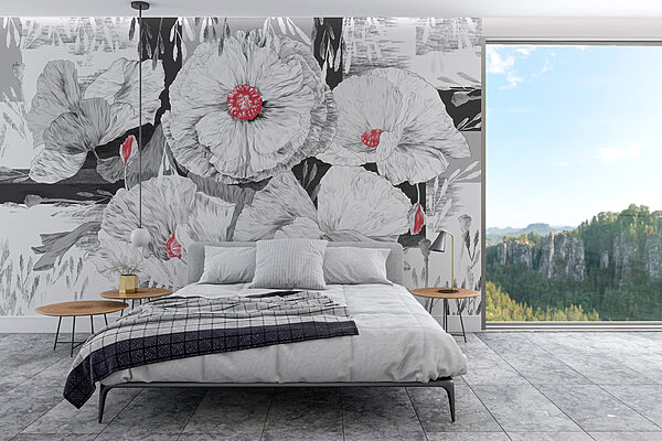 Group of white flowers with red center Wall murals Group of white flowers with red center
