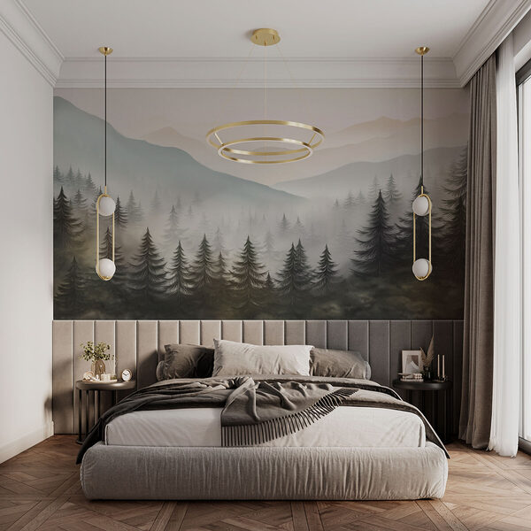 Wall mural Foggy landscape with trees and mountains