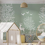 Wall murals White deer and birds in a field