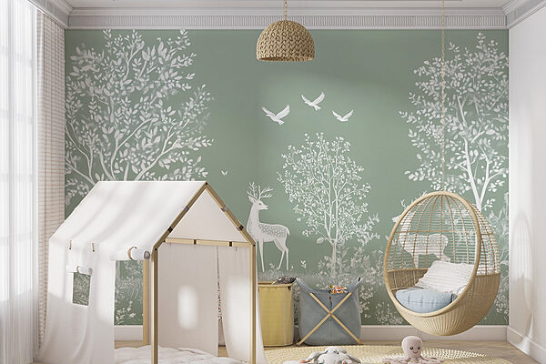 White deer and birds in a field Wall murals White deer and birds in a field