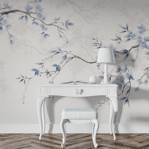 Branch with blue flowers and leaves Wall murals Branch with blue flowers and leaves