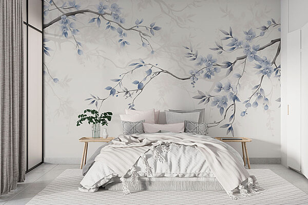 Branch with blue flowers and leaves Wall murals Branch with blue flowers and leaves