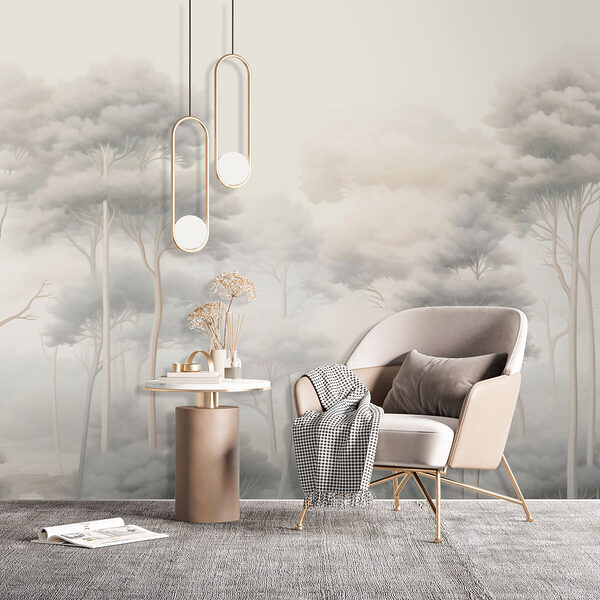 Group of trees in a foggy forest Wall murals Group of trees in a foggy forest