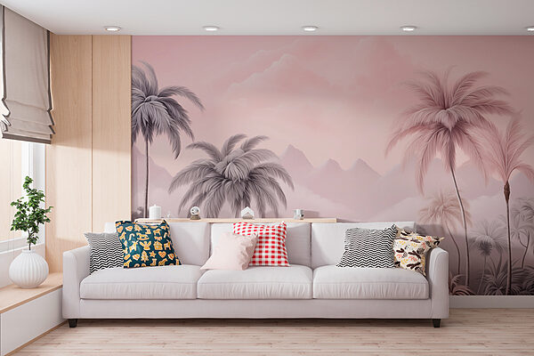 Landscape with palm trees and mountains Wall murals Landscape with palm trees and mountains
