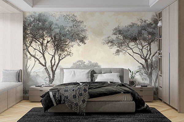 Foggy landscape with trees and plants Wall murals Foggy landscape with trees and plants